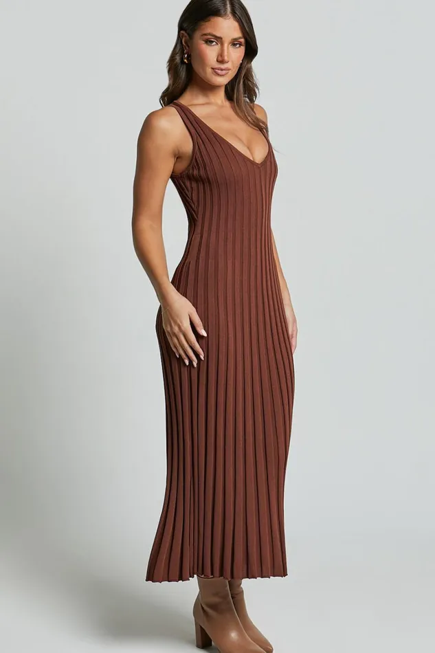 Maya Midi Knit Dress 8211 Sleeveless V Neck Knited Dress In Dark Chocolate Women Showpo Maternity Clothes