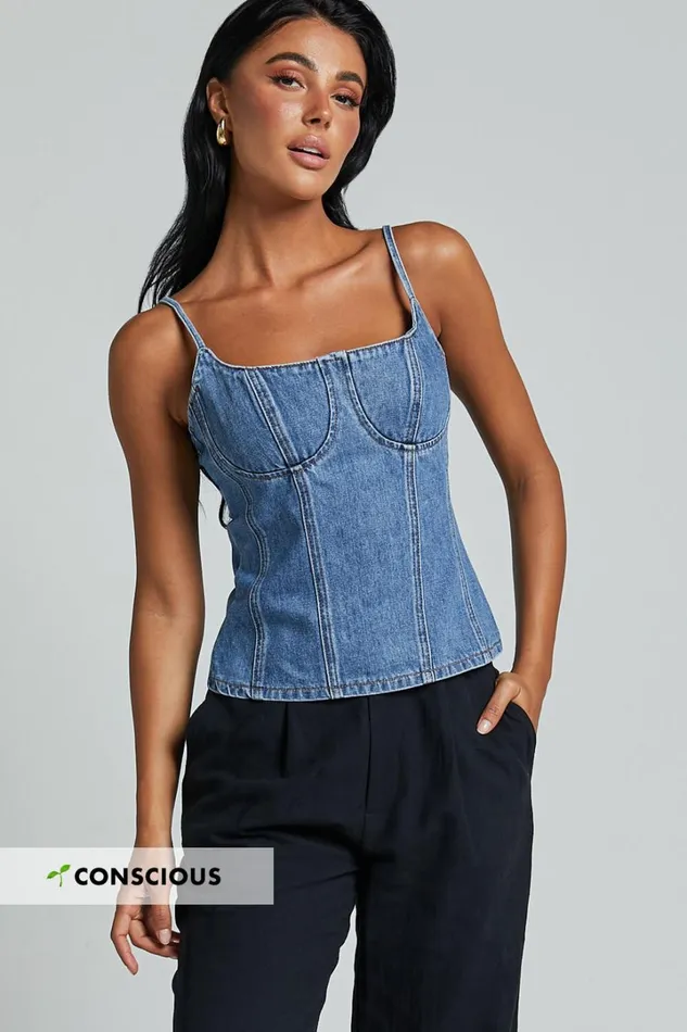 Mckenna Top 8211 Strappy Bustier Denim Top In Mid Blue Wash Women Showpo Denim