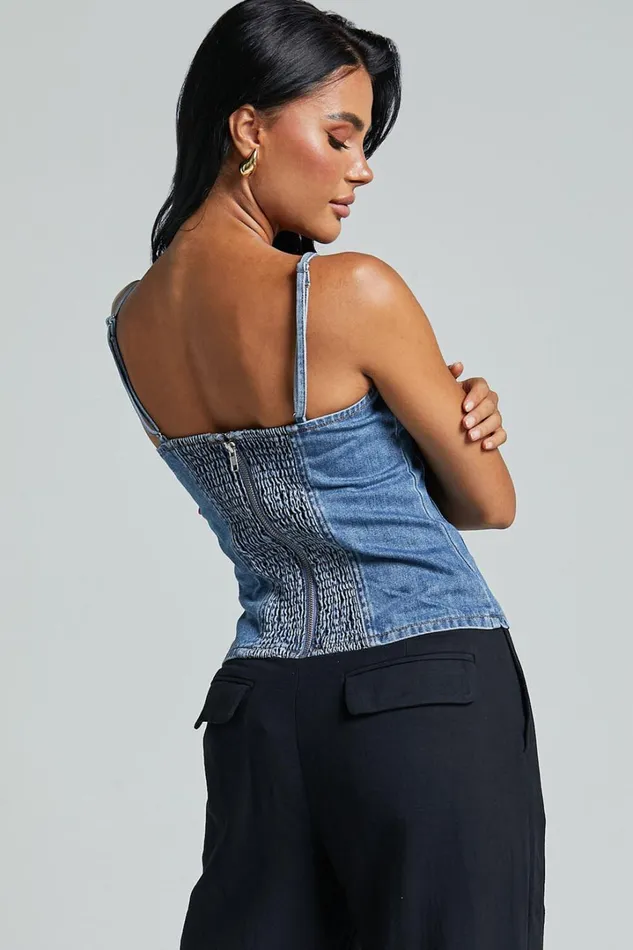 Mckenna Top 8211 Strappy Bustier Denim Top In Mid Blue Wash Women Showpo Denim
