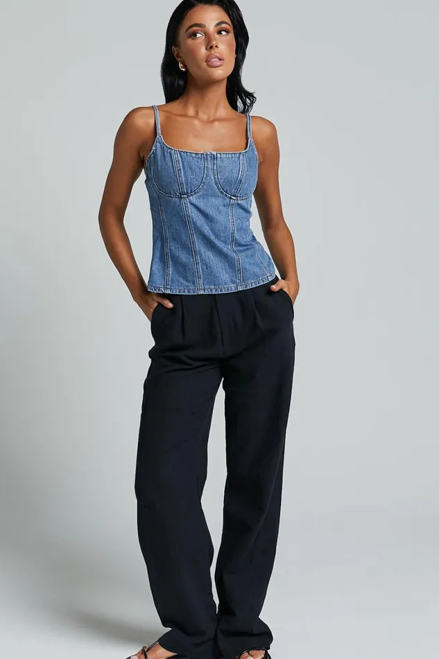 Mckenna Top 8211 Strappy Bustier Denim Top In Mid Blue Wash Women Showpo Denim