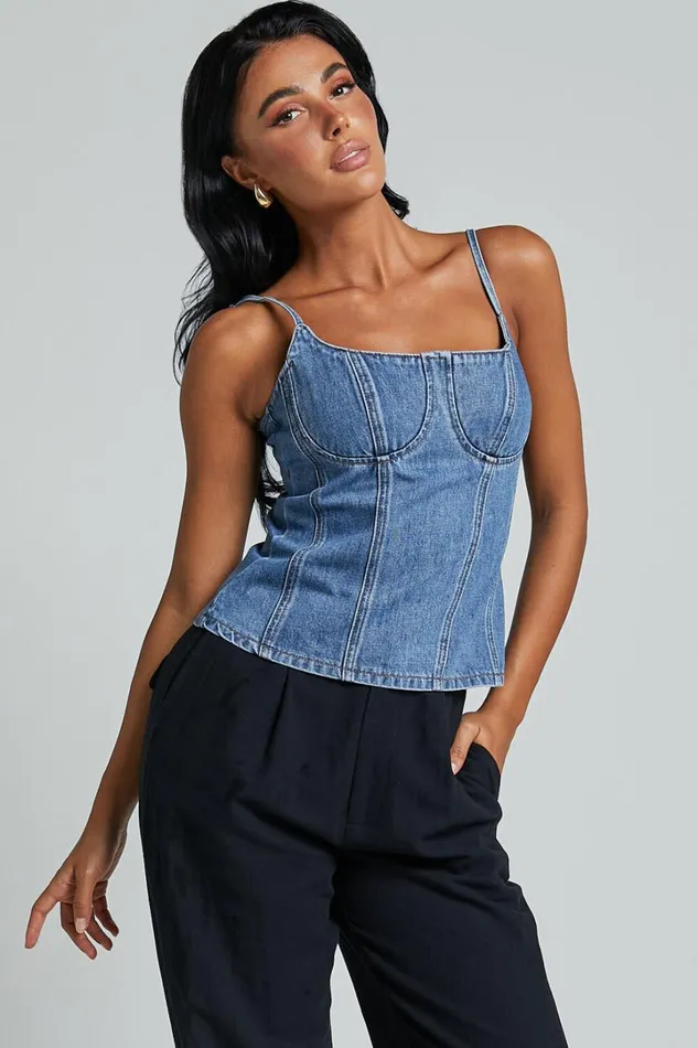 Mckenna Top 8211 Strappy Bustier Denim Top In Mid Blue Wash Women Showpo Denim