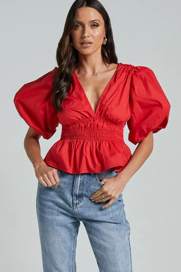 Mellie Top 8211 Puff Sleeve Peplum Top In Cherry Tomato Women Showpo Curve Clothes