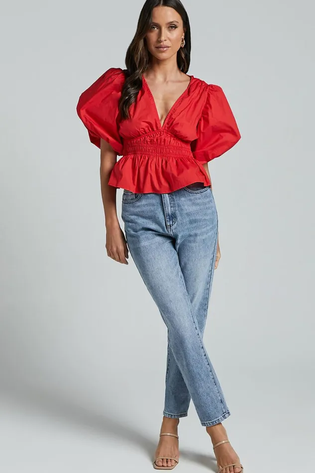 Mellie Top 8211 Puff Sleeve Peplum Top In Cherry Tomato Women Showpo Curve Clothes