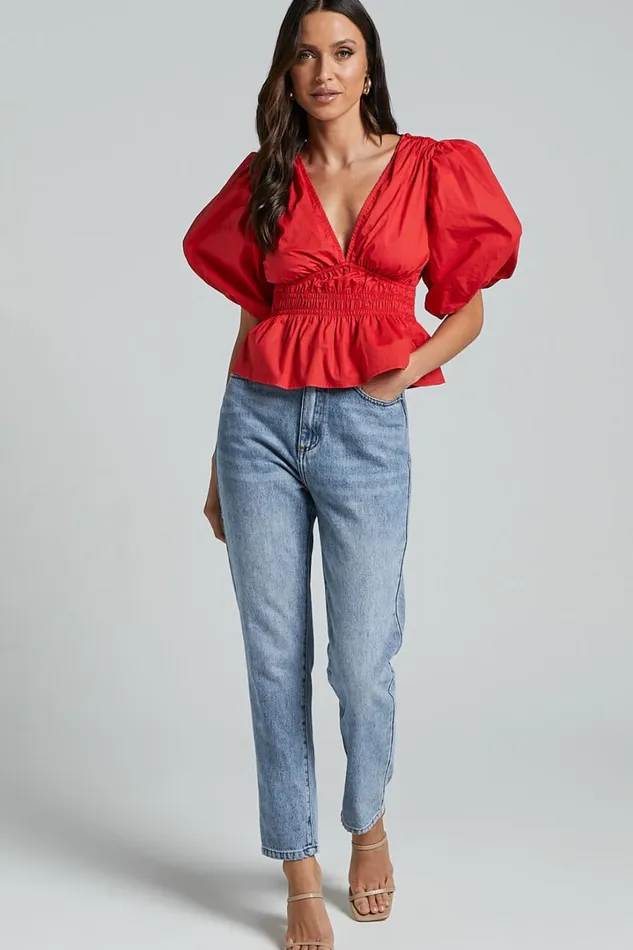 Mellie Top 8211 Puff Sleeve Peplum Top In Cherry Tomato Women Showpo Curve Clothes