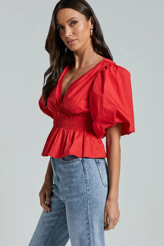 Mellie Top 8211 Puff Sleeve Peplum Top In Cherry Tomato Women Showpo Curve Clothes
