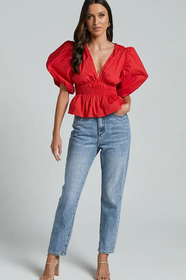 Mellie Top 8211 Puff Sleeve Peplum Top In Cherry Tomato Women Showpo Curve Clothes