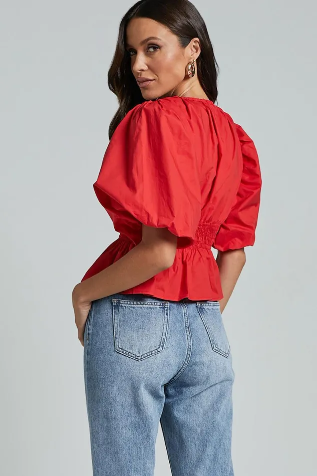 Mellie Top 8211 Puff Sleeve Peplum Top In Cherry Tomato Women Showpo Curve Clothes