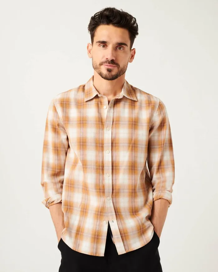 Men 7 For All Mankind Shirts Long Sleeve Plaid Shirt In Yellow White Plaid
