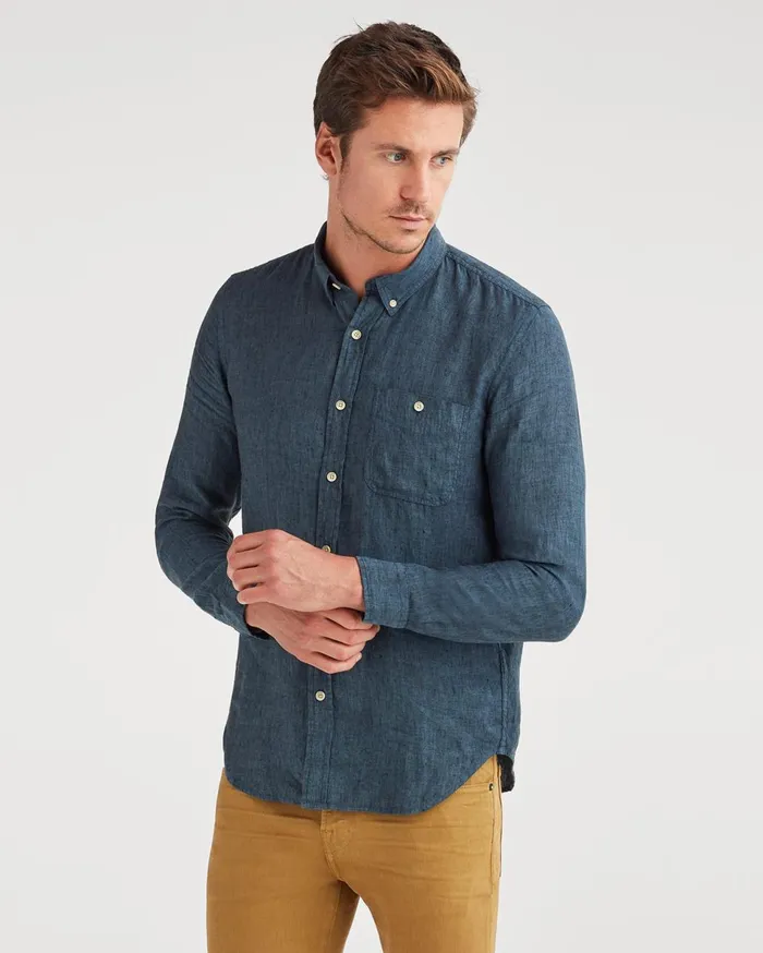 Men 7 For All Mankind Shirts New Icon Button Down Collared Shirt In Dark Navy