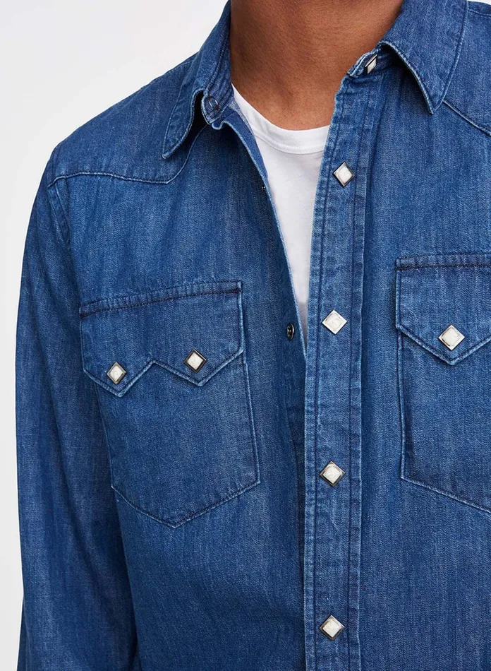 Men 7 For All Mankind Shirts Sawtooth Pocket Shirt In Medium Indigo