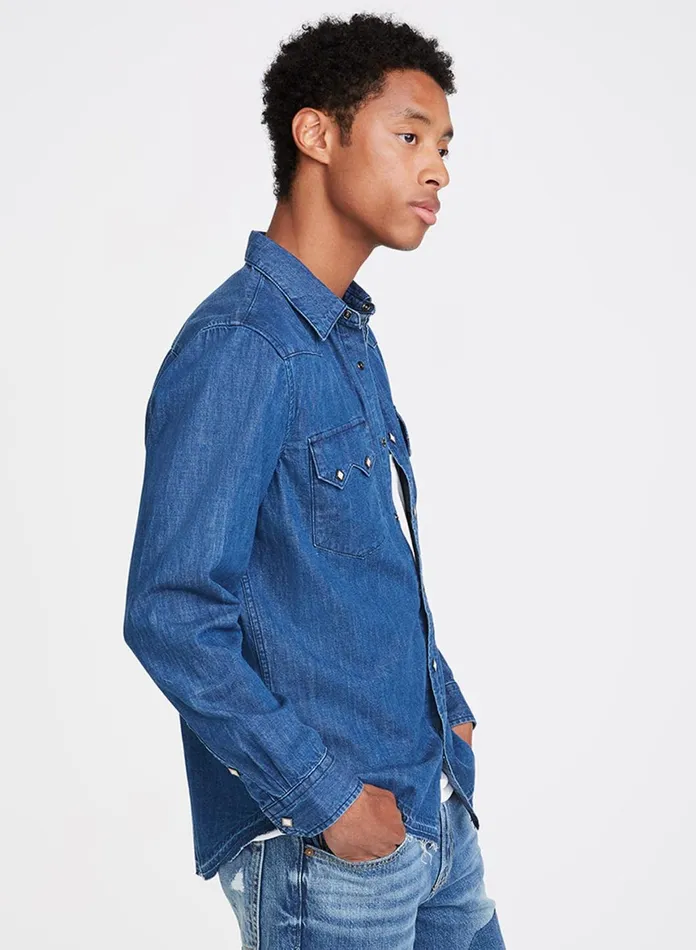 Men 7 For All Mankind Shirts Sawtooth Pocket Shirt In Medium Indigo