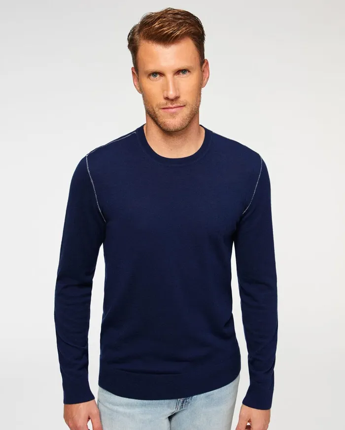 Men 7 For All Mankind Sweaters Contrast Linking Crewneck Sweater In Navy