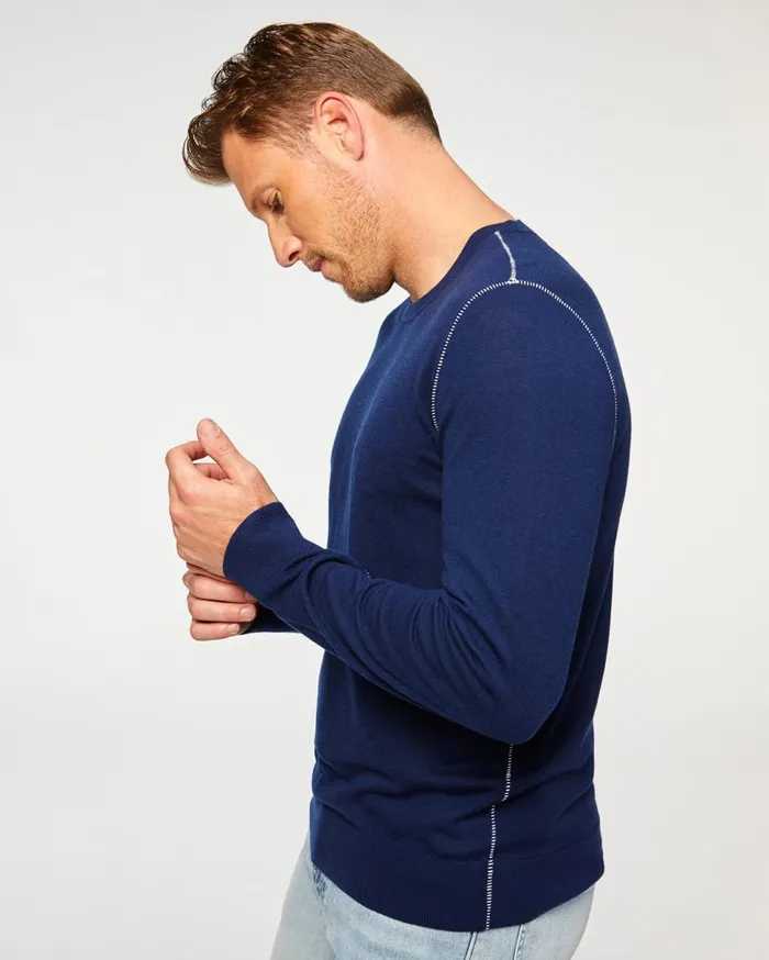 Men 7 For All Mankind Sweaters Contrast Linking Crewneck Sweater In Navy