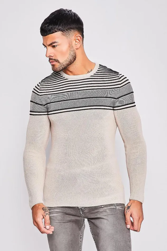 Men Beige Knit Sweater With Black Embossed Stripes Beige Brentiny Paris Sweatshirts and Pullovers