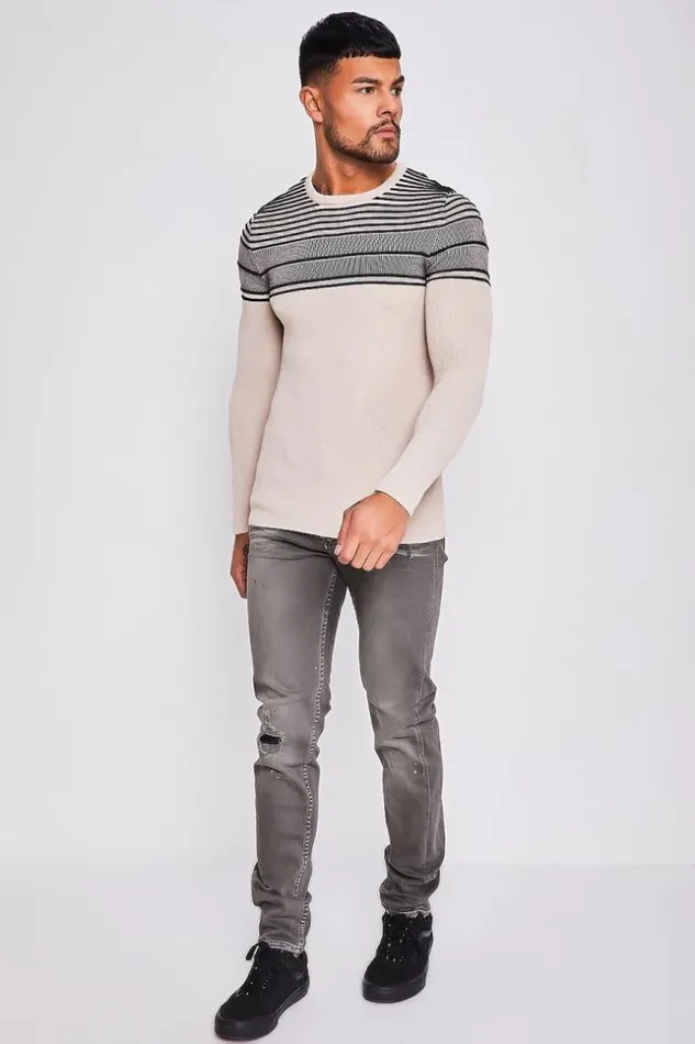 Men Beige Knit Sweater With Black Embossed Stripes Beige Brentiny Paris Sweatshirts and Pullovers