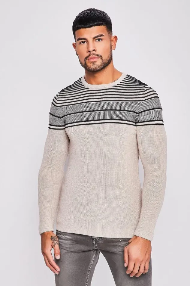 Men Beige Knit Sweater With Black Embossed Stripes Beige Brentiny Paris Sweatshirts and Pullovers
