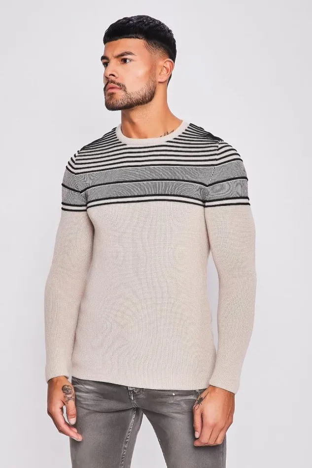 Men Beige Knit Sweater With Black Embossed Stripes Beige Brentiny Paris Sweatshirts and Pullovers