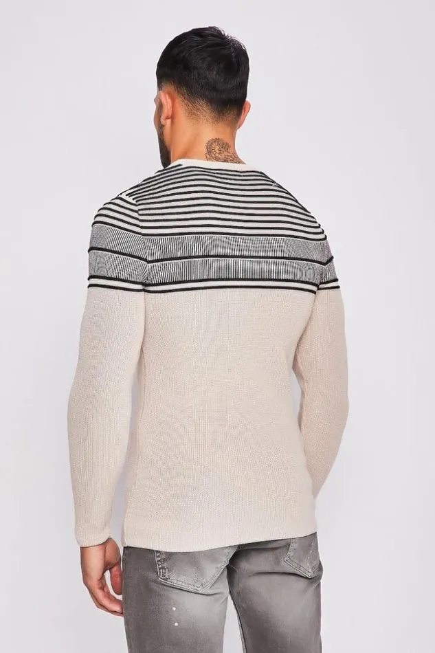 Men Beige Knit Sweater With Black Embossed Stripes Beige Brentiny Paris Sweatshirts and Pullovers