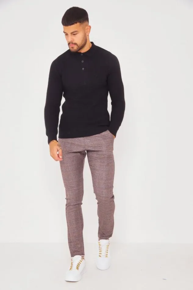 Men Black Chino Trousers With Tone On Tone Check Pattern Black Brentiny Paris Pants