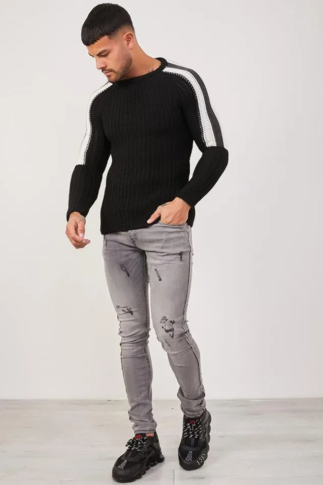 Men Black Knit Sweater White Shoulders Black Brentiny Paris Sweatshirts and Pullovers