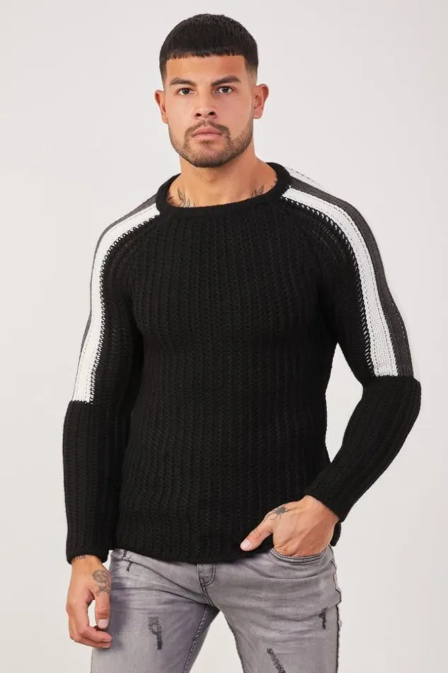 Men Black Knit Sweater White Shoulders Black Brentiny Paris Sweatshirts and Pullovers