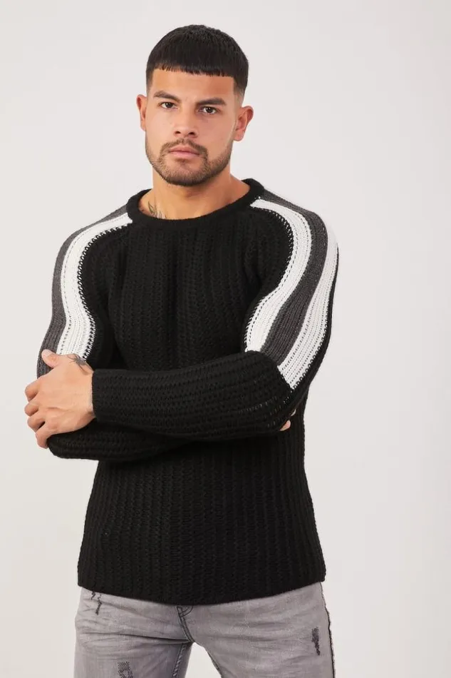 Men Black Knit Sweater White Shoulders Black Brentiny Paris Sweatshirts and Pullovers