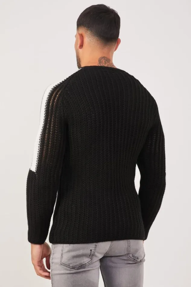 Men Black Knit Sweater White Shoulders Black Brentiny Paris Sweatshirts and Pullovers