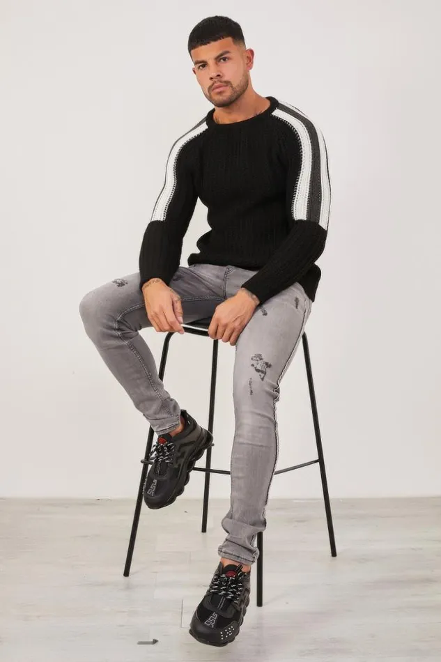 Men Black Knit Sweater White Shoulders Black Brentiny Paris Sweatshirts and Pullovers