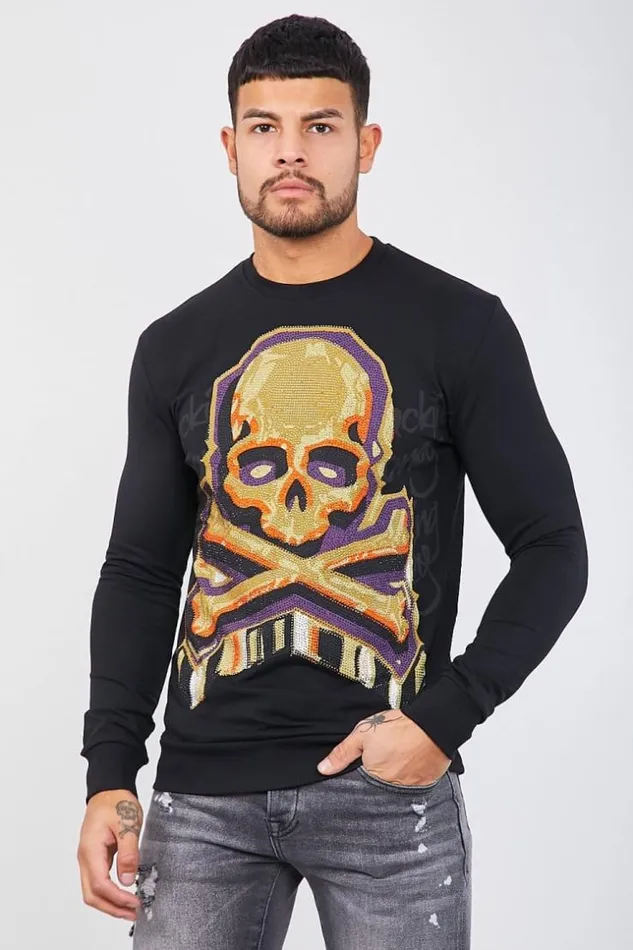 Men Black Sweatshirt With Yellow Orange Rhinestone Skull Black Brentiny Paris Sweatshirts and Pullovers Men Black Sweatshirt With Yellow Orange Rhinestone Skull Black Brentiny Paris Sweatshirts and Pullovers