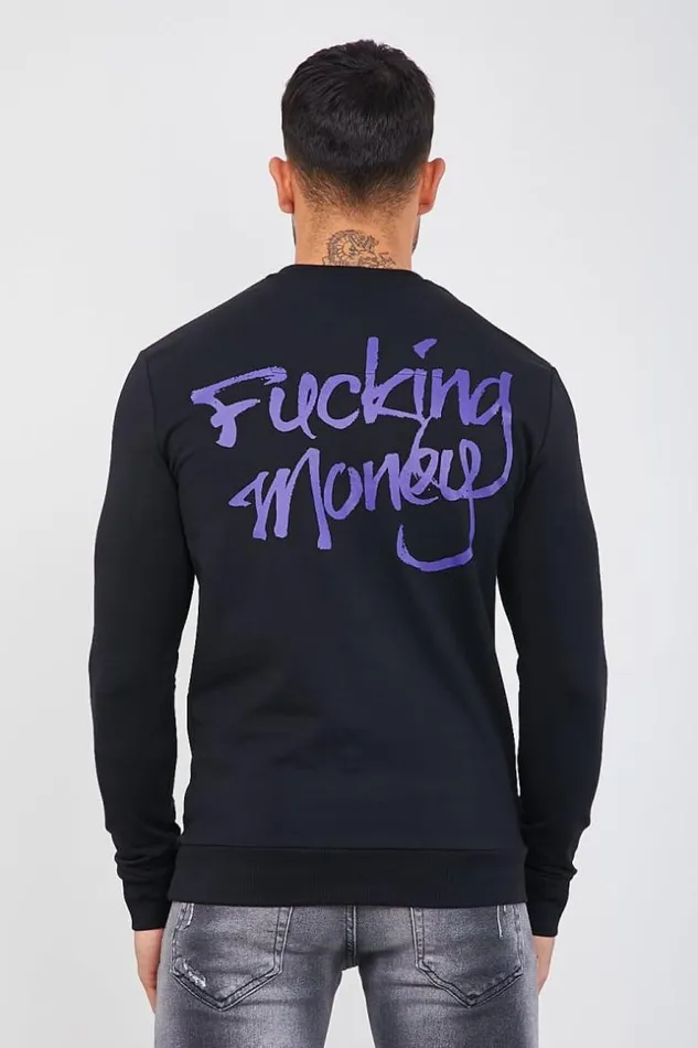 Men Black Sweatshirt With Yellow Orange Rhinestone Skull Black Brentiny Paris Sweatshirts and Pullovers