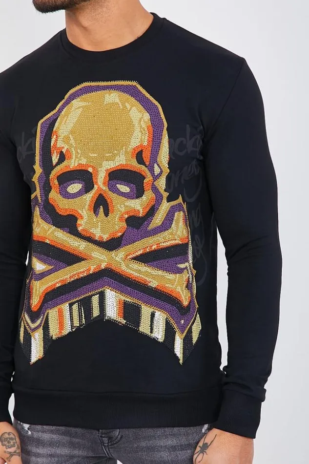 Men Black Sweatshirt With Yellow Orange Rhinestone Skull Black Brentiny Paris Sweatshirts and Pullovers