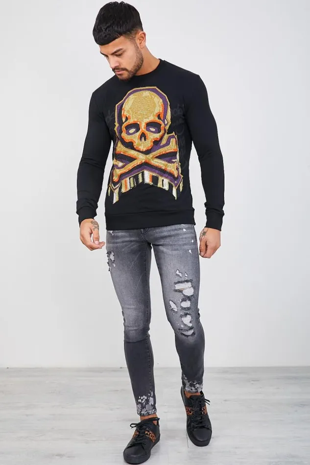 Men Black Sweatshirt With Yellow Orange Rhinestone Skull Black Brentiny Paris Sweatshirts and Pullovers