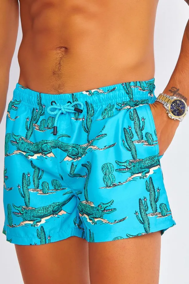 Men Blue Swim Shorts With Green Crocodiles Blue Brentiny Paris Shorts