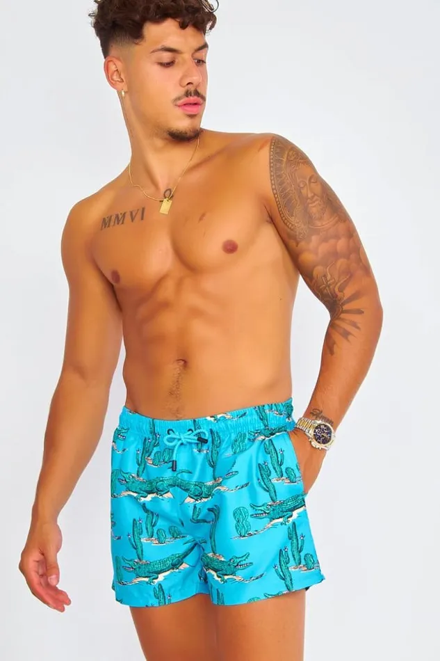 Men Blue Swim Shorts With Green Crocodiles Blue Brentiny Paris Shorts