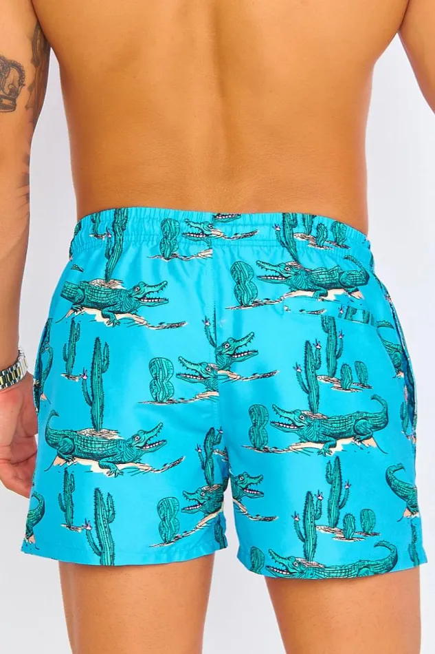 Men Blue Swim Shorts With Green Crocodiles Blue Brentiny Paris Shorts