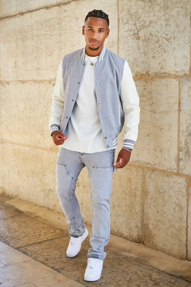 Men Bomber Gris En Simili Cuir Et Laine Grey Brentiny Paris Jackets