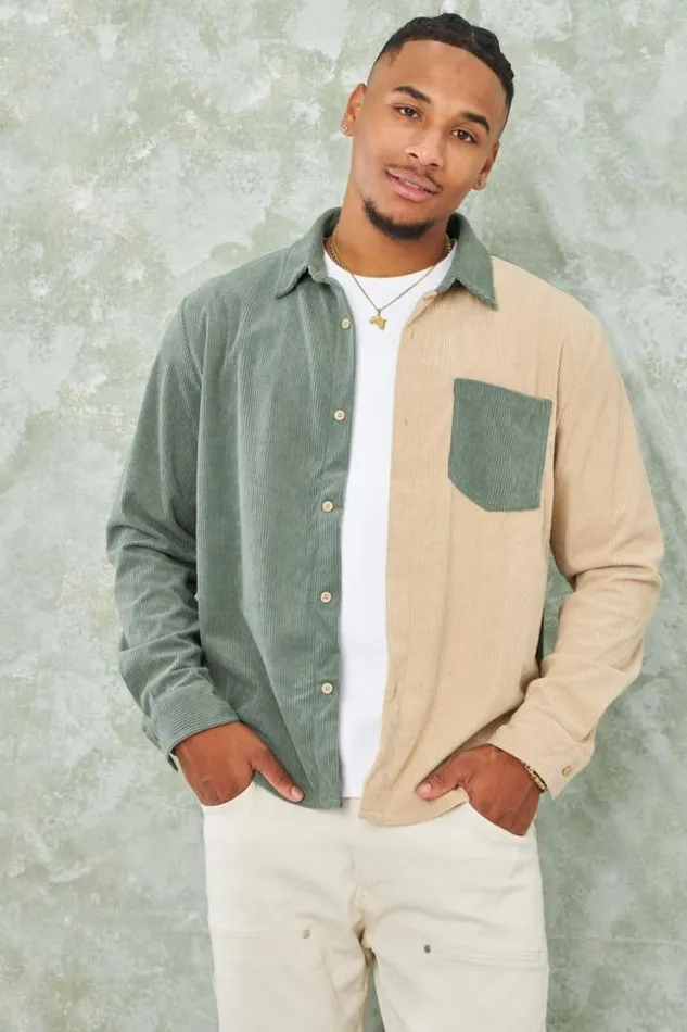 Men Chemise Bicolore Verte Et Beige En Velours Ctel Green Brentiny Paris Shirts