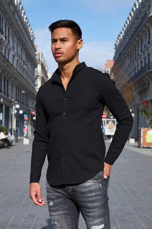 Men Chemise Fluide Texture Noire Black Brentiny Paris Shirts
