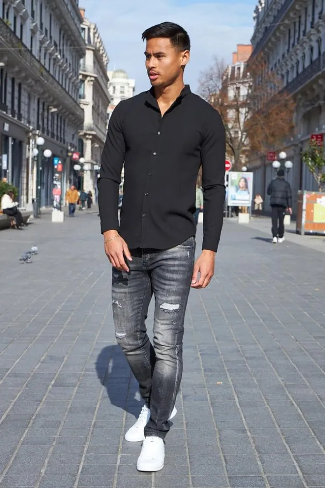 Men Chemise Fluide Texture Noire Black Brentiny Paris Shirts