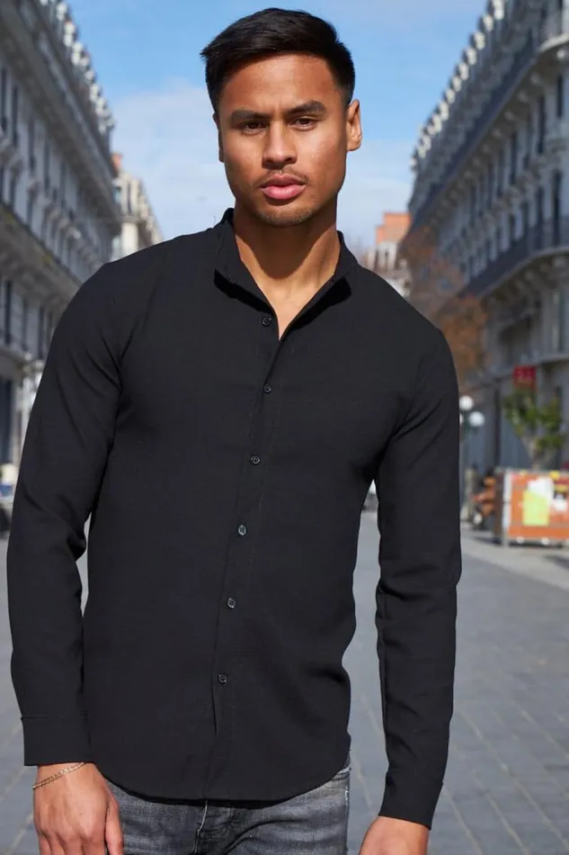 Men Chemise Fluide Texture Noire Black Brentiny Paris Shirts