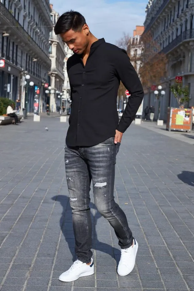 Men Chemise Fluide Texture Noire Black Brentiny Paris Shirts