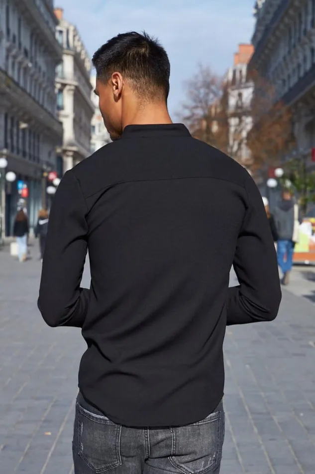 Men Chemise Fluide Texture Noire Black Brentiny Paris Shirts