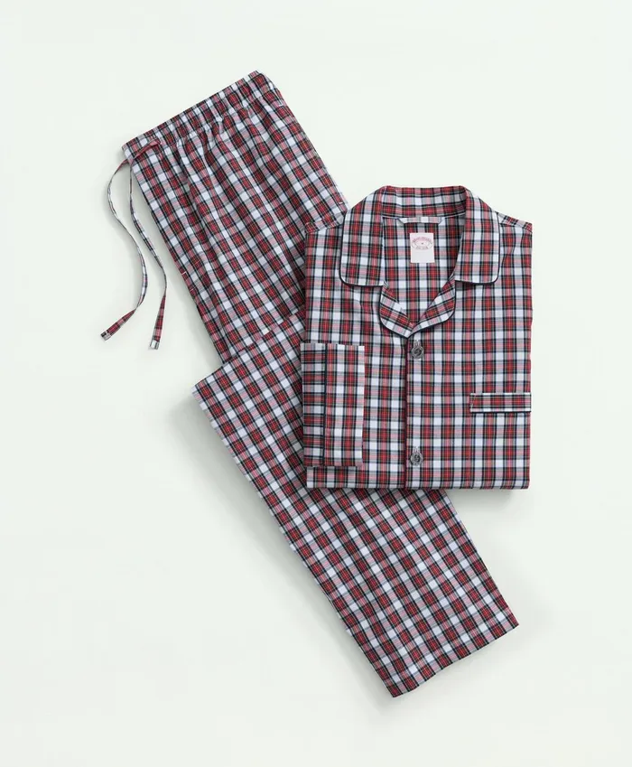Men Cotton Broadcloth Tartan Pajamas White Multi Brooks Brothers Pajamas and Robes