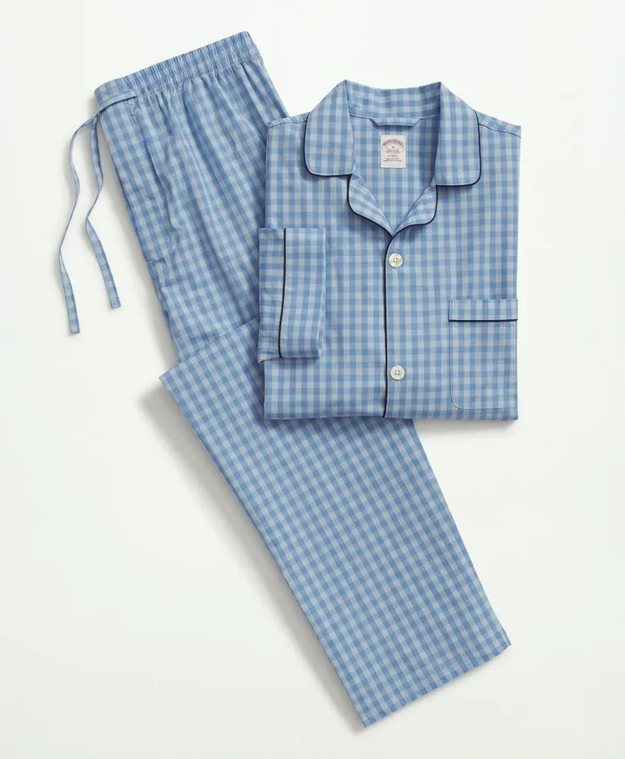 Men Cotton Poplin Gingham Pajamas Chambray Blue Brooks Brothers Pajamas and Robes