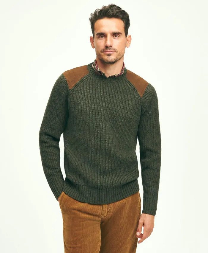 Men English Rib Lambswool Crewneck Sweater Green Brooks Brothers Sweaters