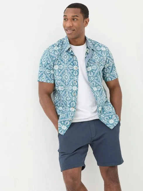 Men Fatface Shirts Blue Short Sleeve Large Tile Print Shirt