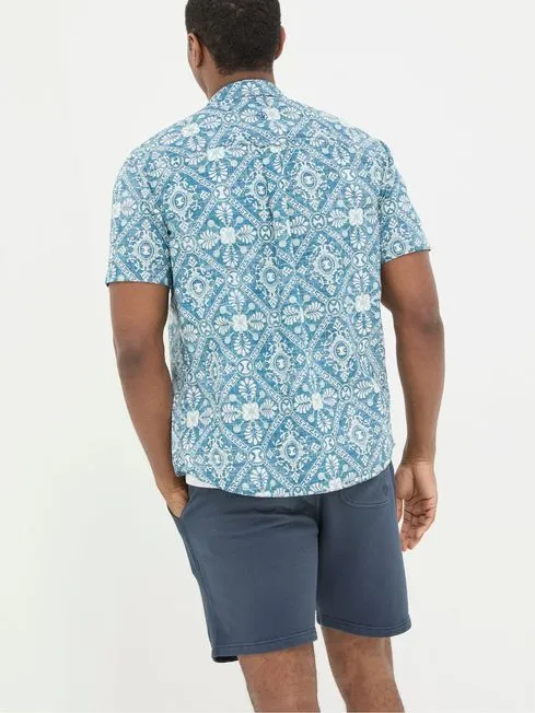 Men Fatface Shirts Blue Short Sleeve Large Tile Print Shirt