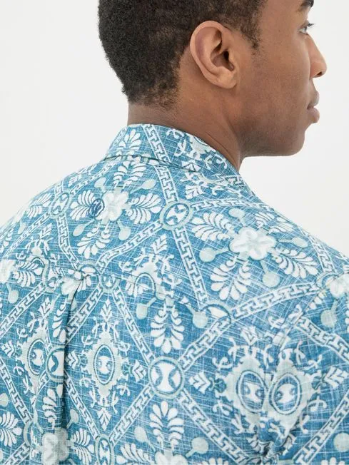 Men Fatface Shirts Blue Short Sleeve Large Tile Print Shirt