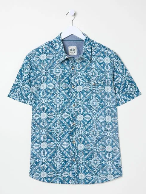 Men Fatface Shirts Blue Short Sleeve Large Tile Print Shirt