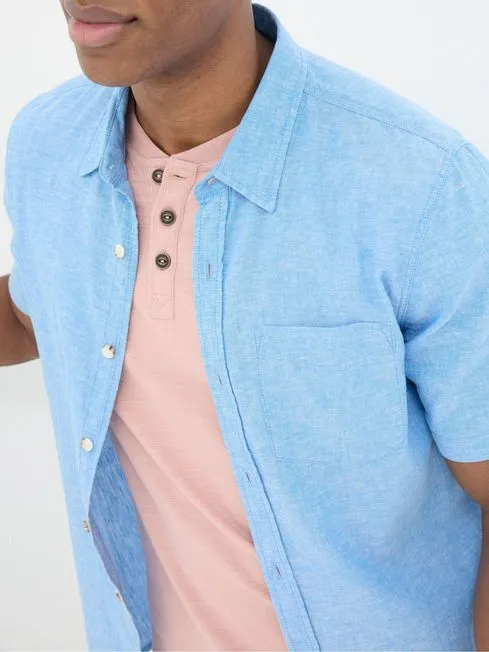 Men Fatface Shirts Bugle Blue Linen Cotton Shirt